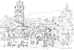 Weihnachtsmarkt auf dem Winterfeldtplatz, Zeichnung von Marina Naujoks (25856 Byte)